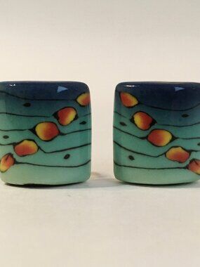 Caribbean Square Earrings Unique Millefiori Porcelain Clip On Blue Green New